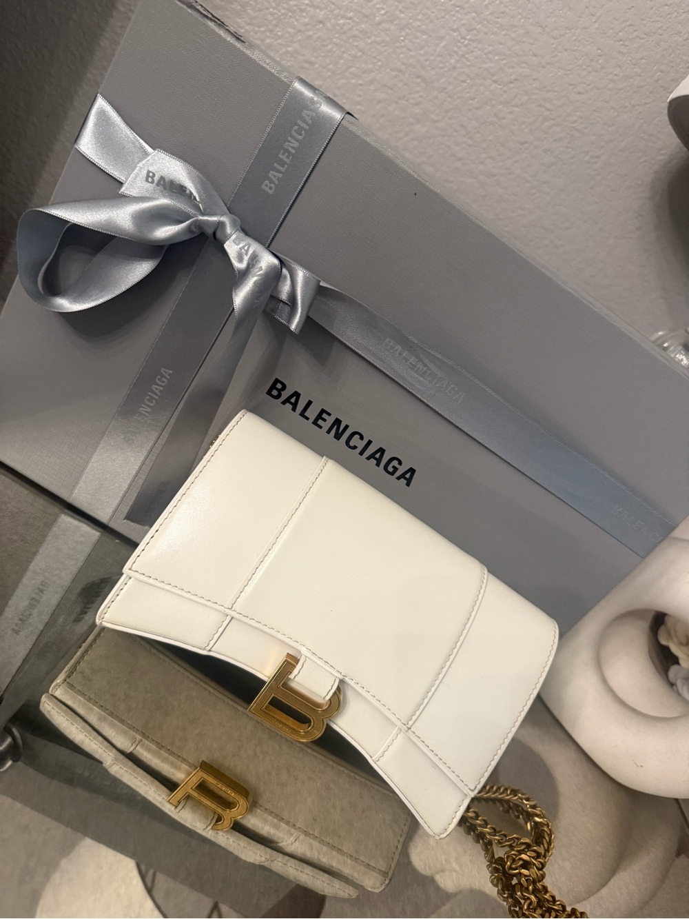 Balenciaga White Leather Hourglass Crossbody with Gold Hardware